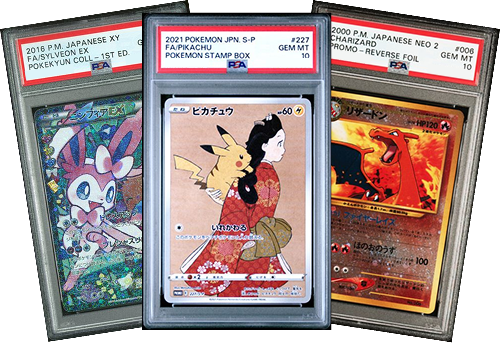 PSA-graded Sylveon, Pikachu, and Charizard Pokémon cards